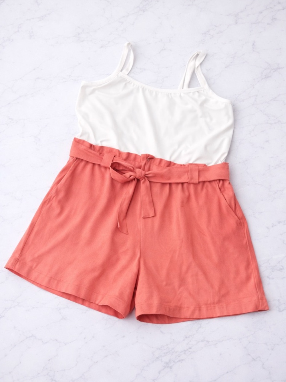 White Birch Coral Pink White Romper Belted Stretch Waist Adjustable Straps 3X